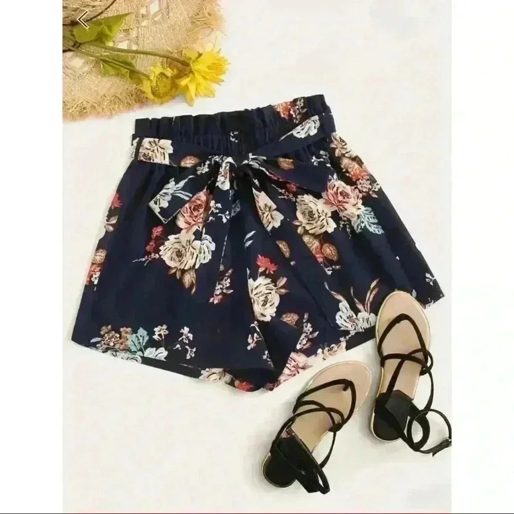 NEW Navy Floral Print Belted Shorts